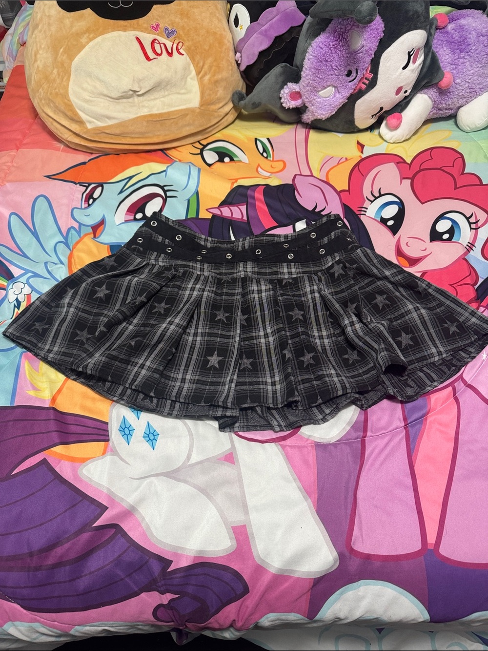 Black and Gray Plaid Skirt with Star Designs